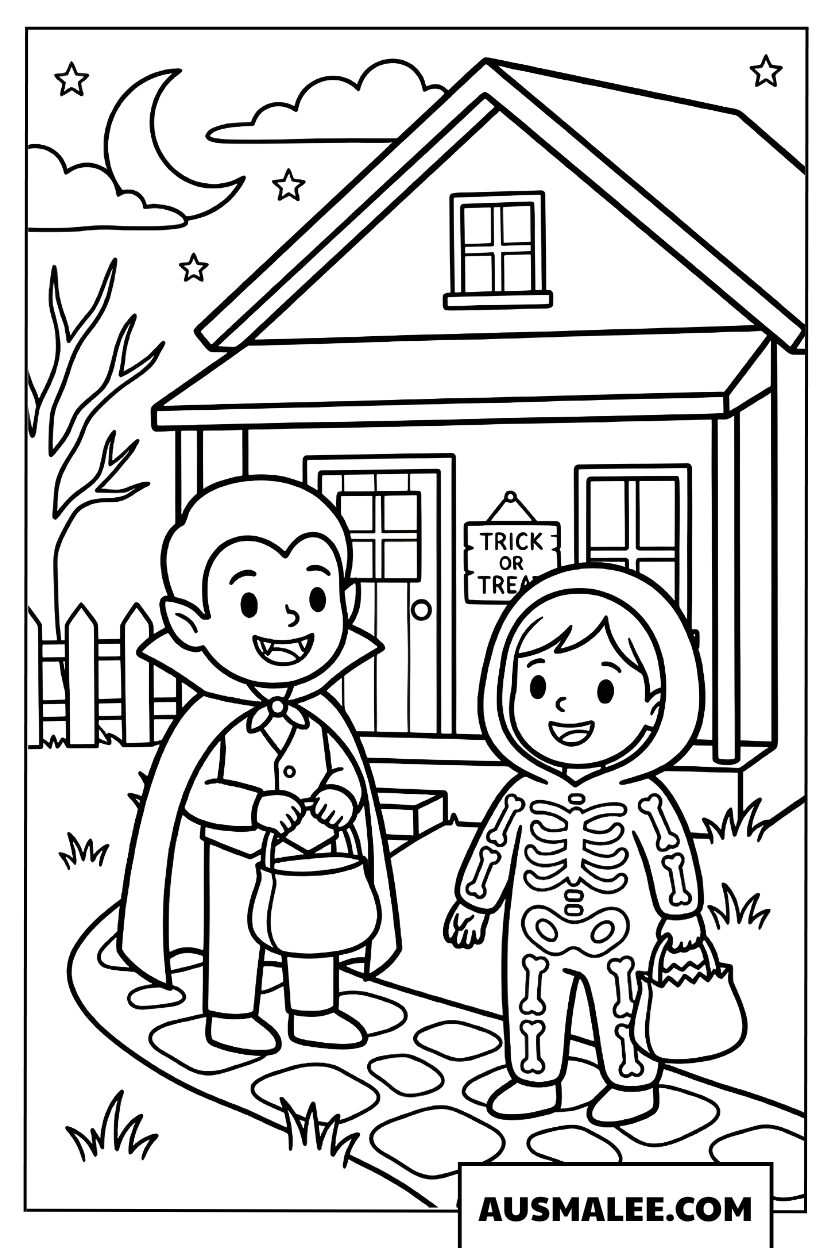 Coloriages Halloween avec des enfants en costume devant une maison hantée