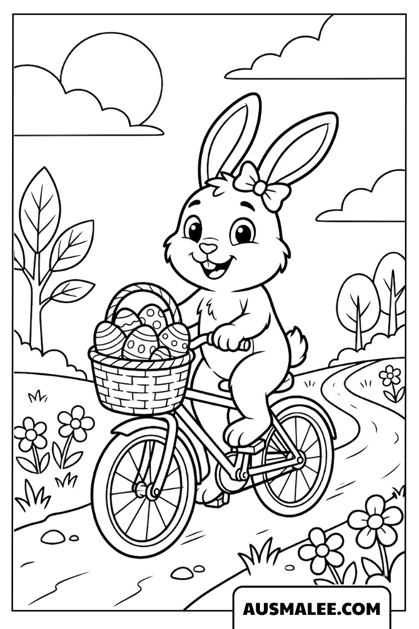 Coloriage lapin à vélo avec un panier plein d’œufs