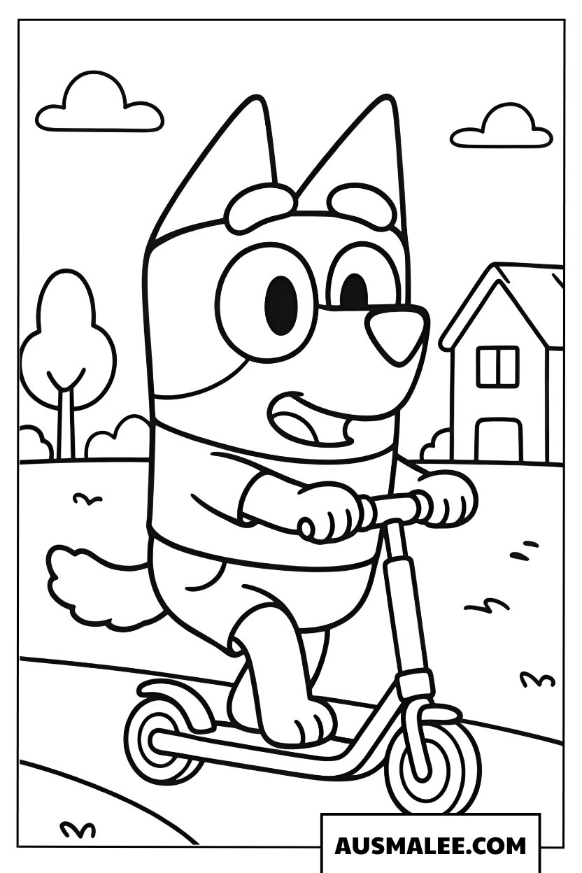 Coloriages Bluey fait de la trottinette dans le quartier