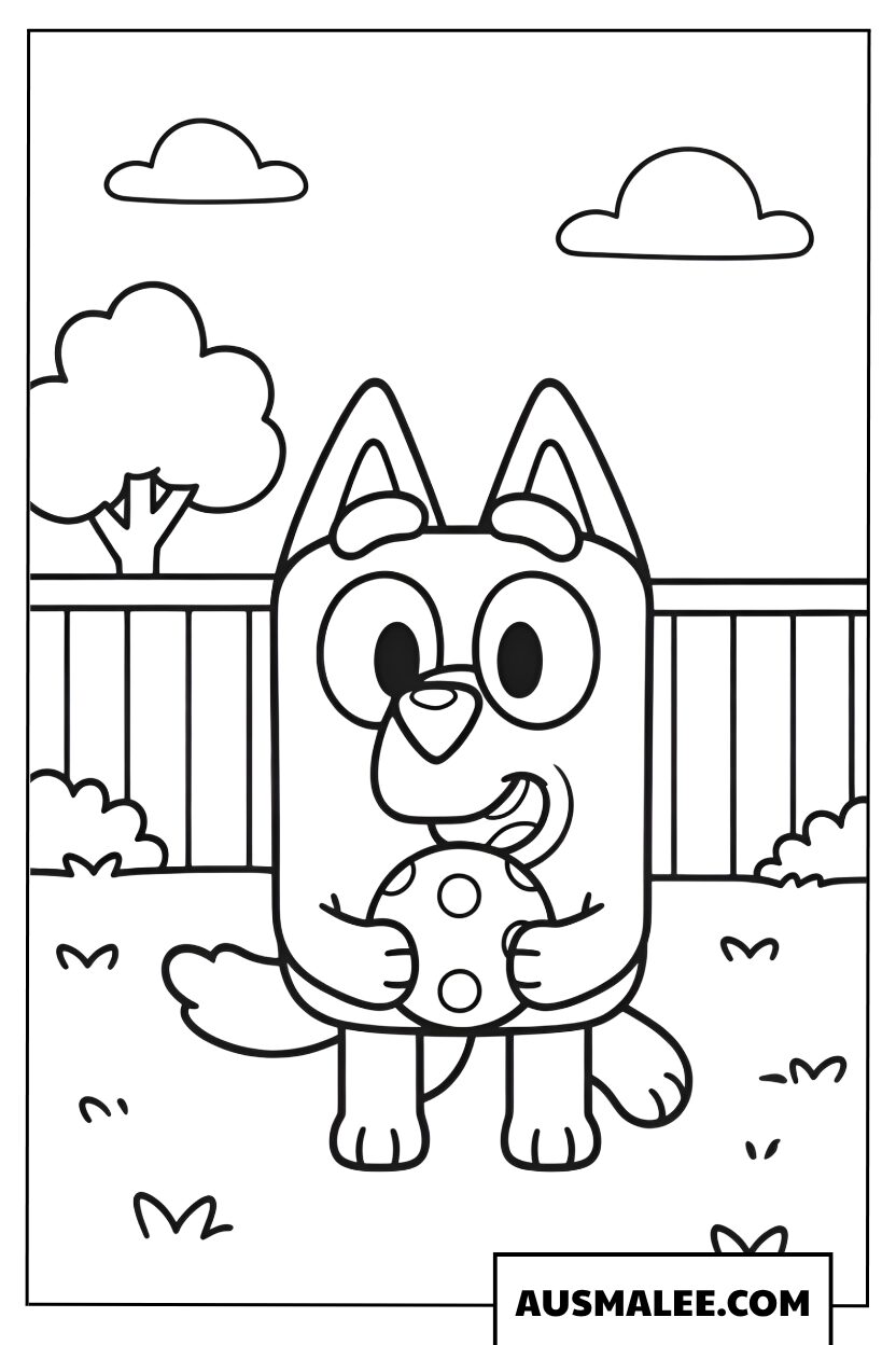 Coloriages Bluey tient fièrement un grand biscuit rond dans le jardin