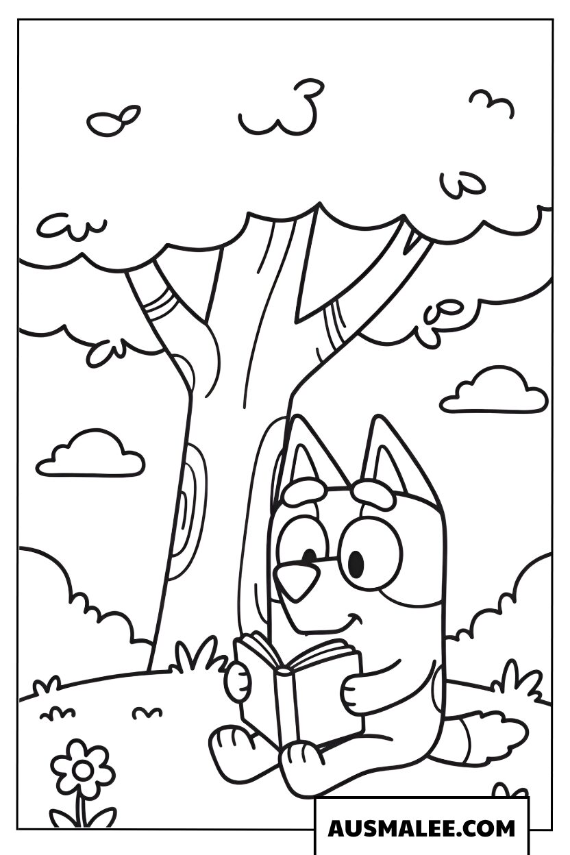 Coloriages Bluey lit tranquillement un livre sous un arbre