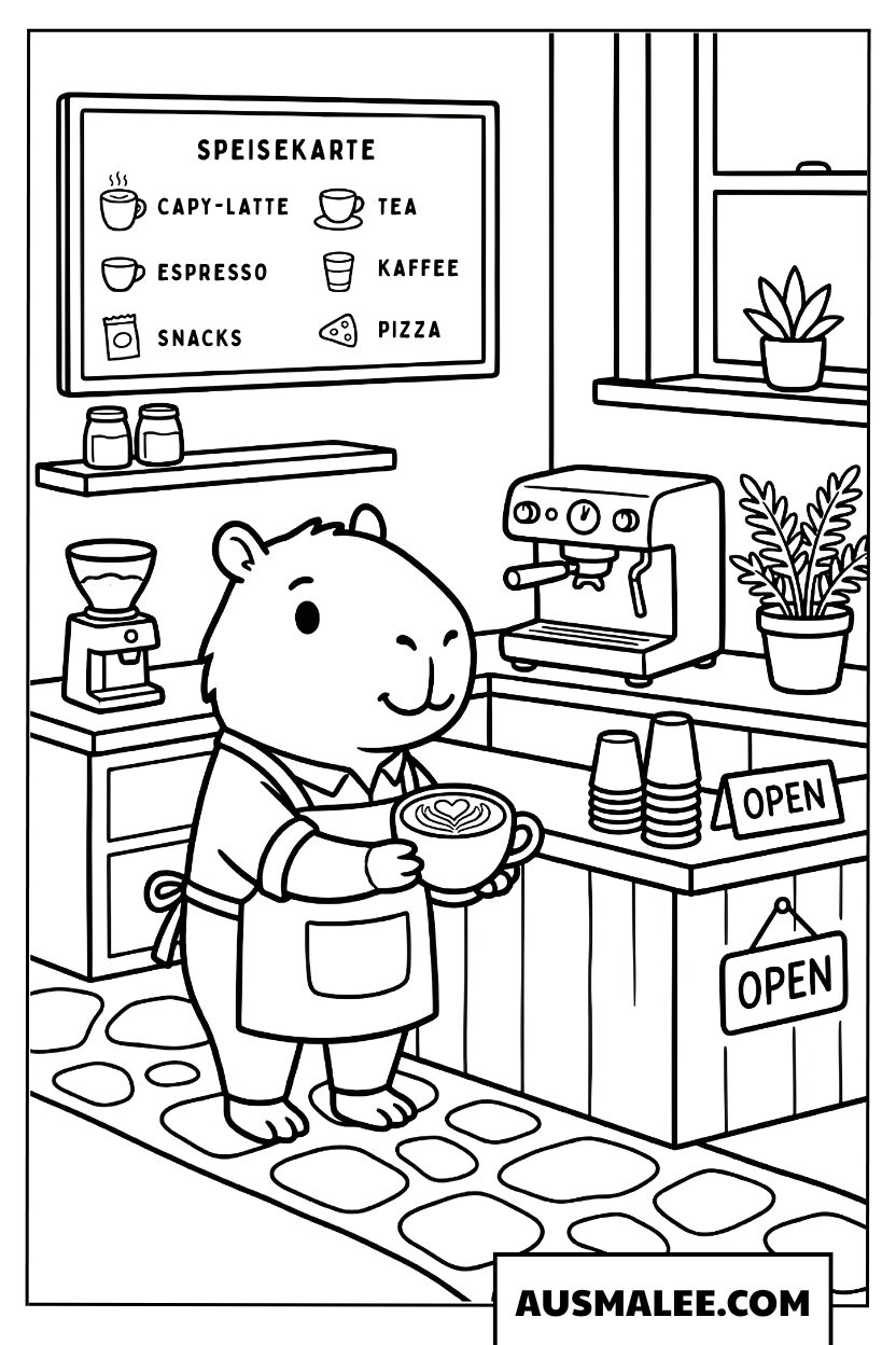 Coloriages capybara barista dans un café