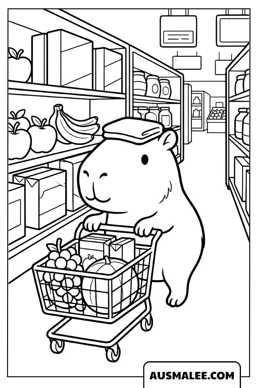 Coloriages capybara faisant les courses au supermarché