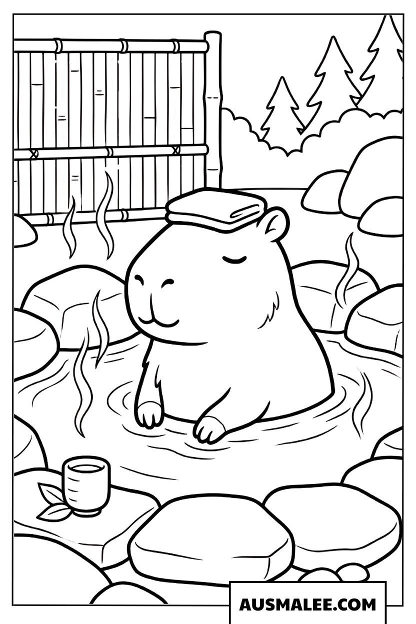 Coloriages capybara se relaxant dans un onsen