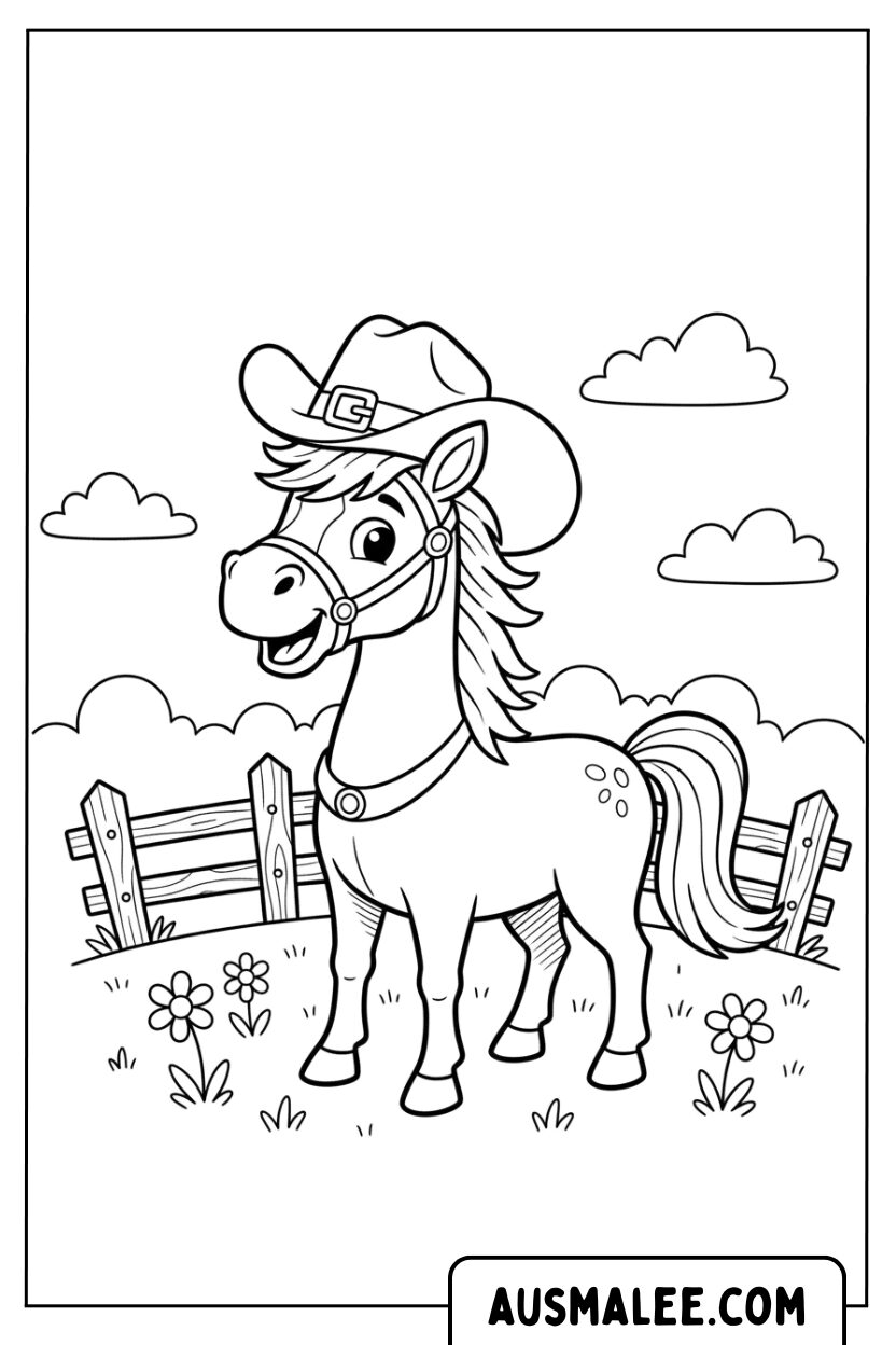 Cartoon veulen met cowboyhoed.