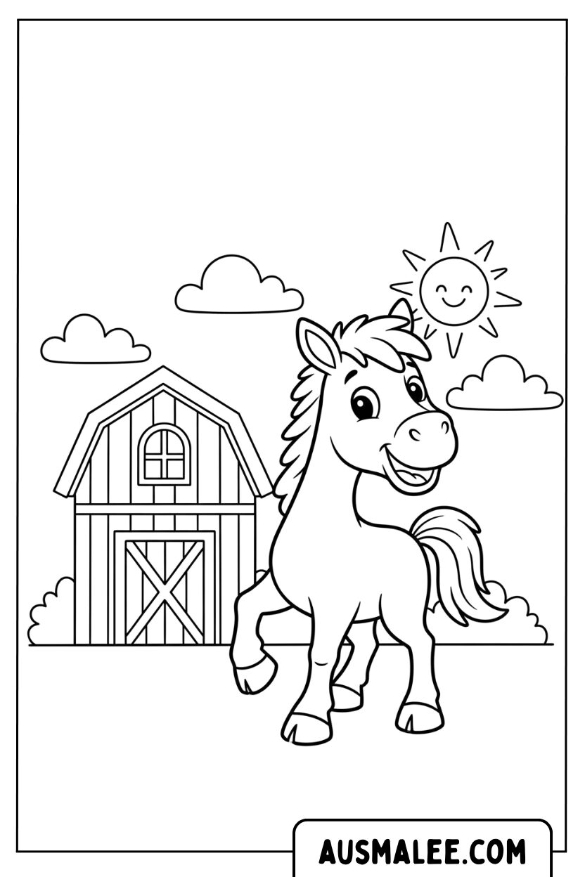 Cartoon paard glimlacht voor de schuur.