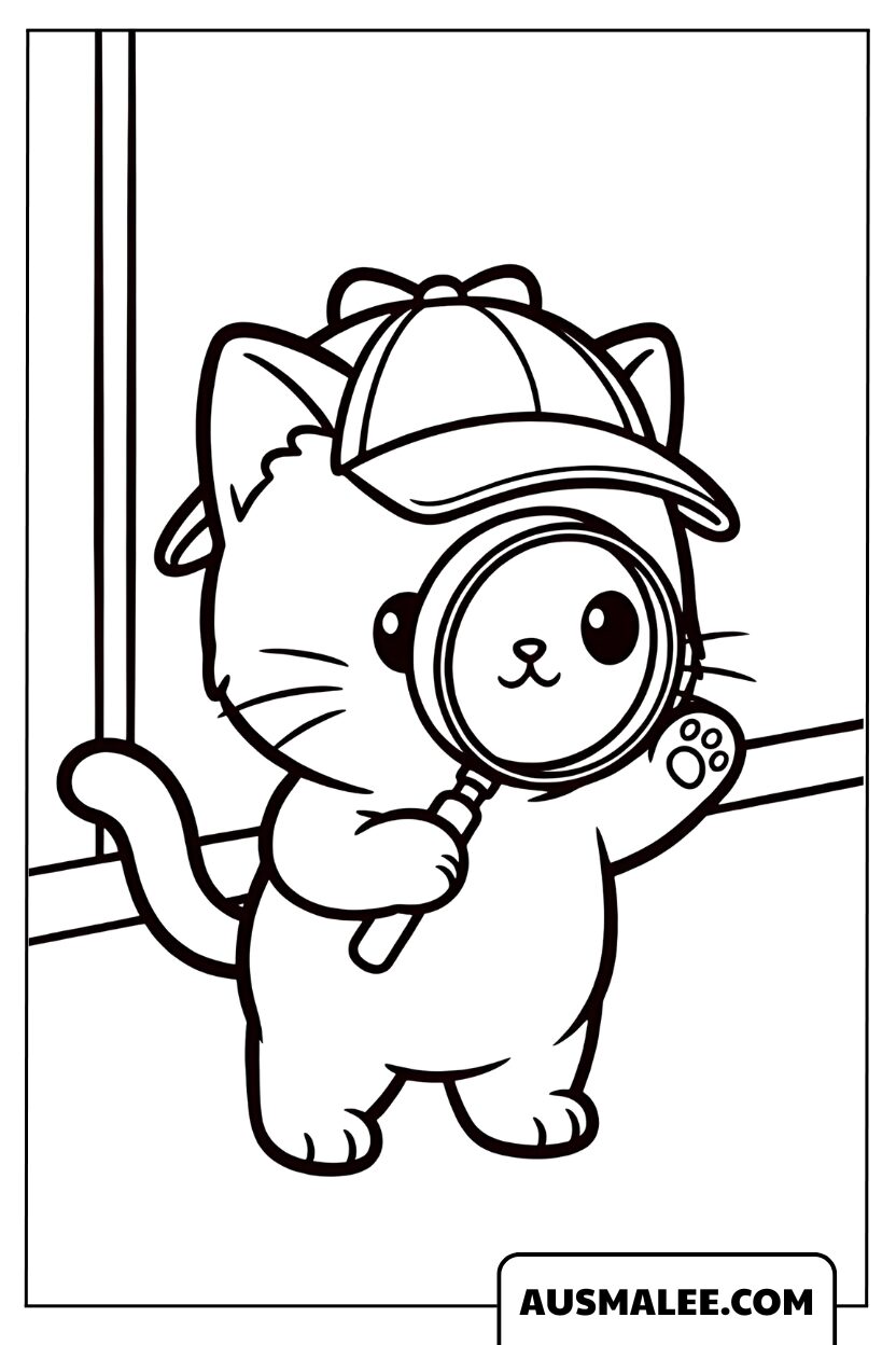 Chat détective avec loupe Coloriage