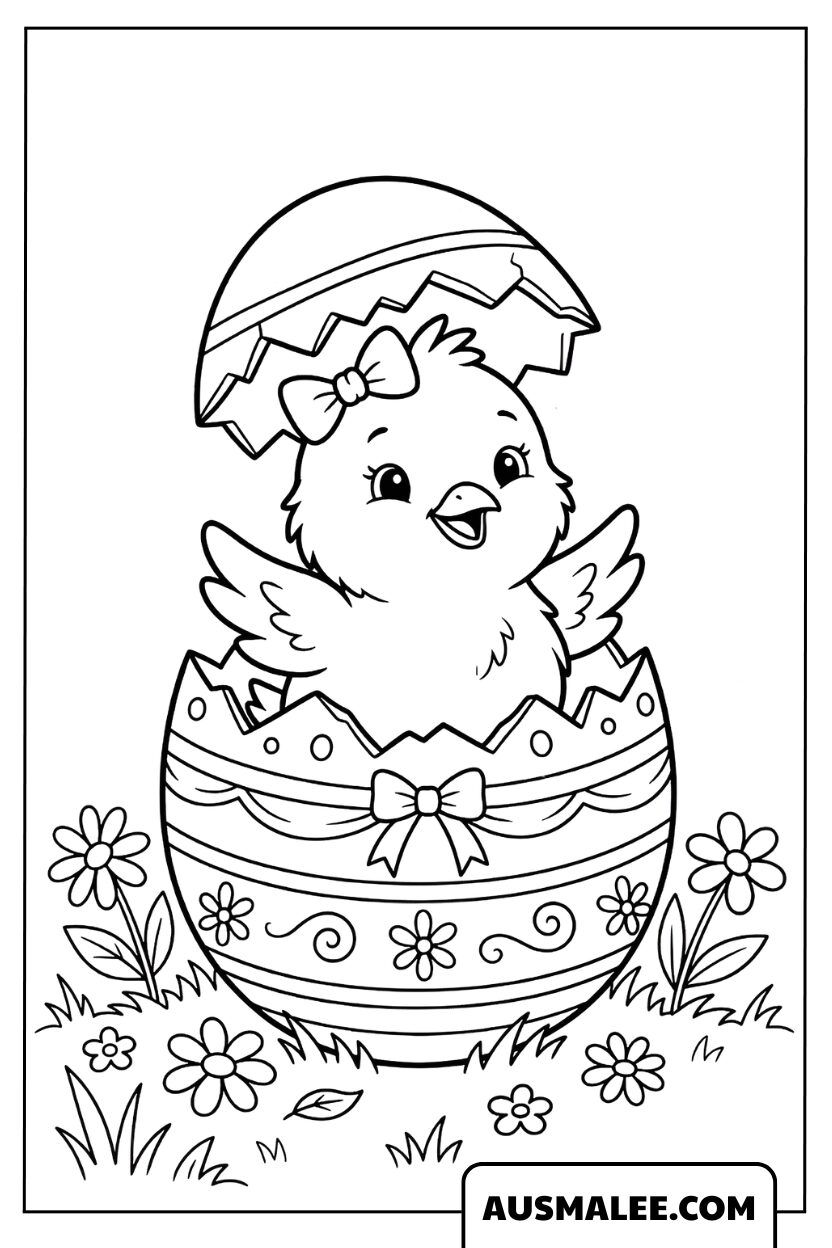 Un poussin mignon sort d’un œuf de Pâques décoré coloriage