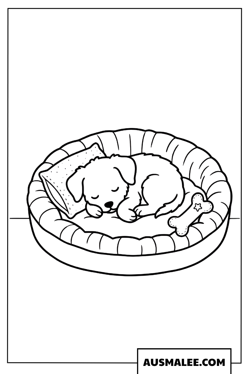 Kleurplaten een schattige puppy slaapt vredig in zijn mandje