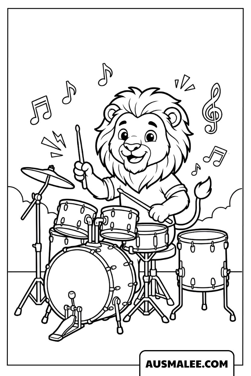A talented lion playing drums lion coloring page