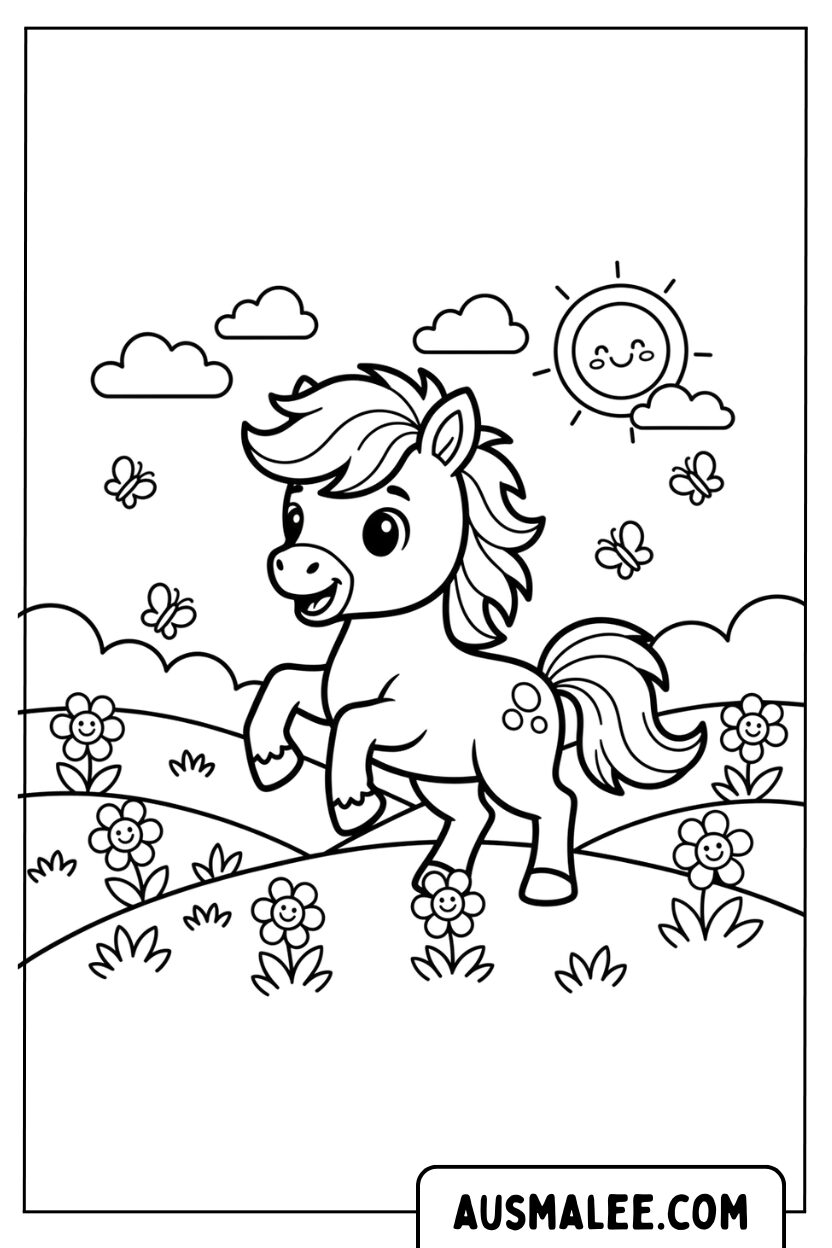 Happy cartoon paard in de bloemenweide.