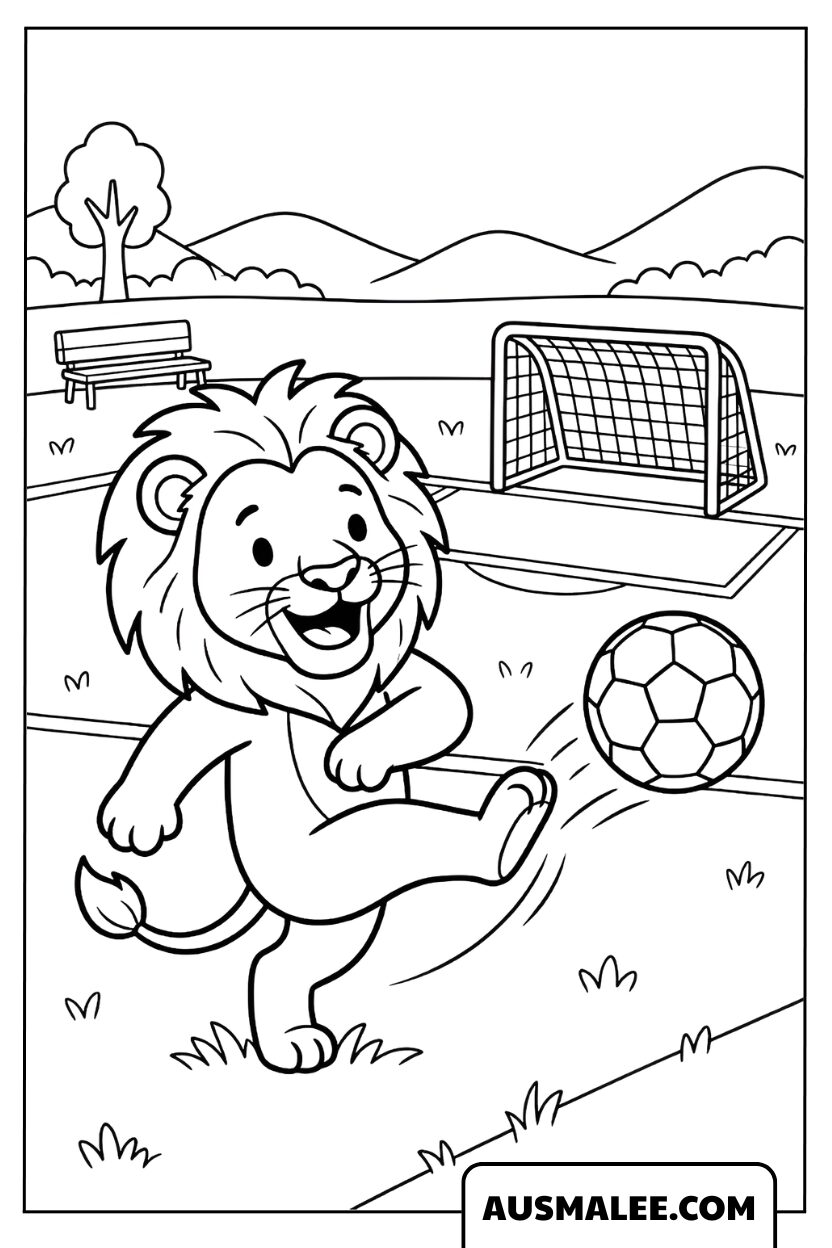 Soccer-playing lion on the field coloring page
