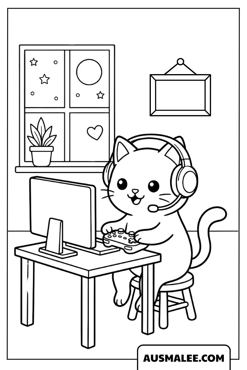 Chat gamer avec casque devant l'ordinateur Coloriage