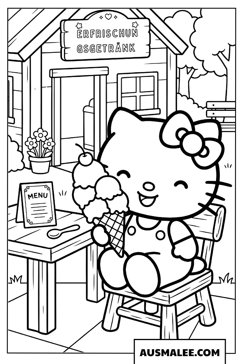 Hello Kitty kleurplaten geniet van ijs eten in de tuin