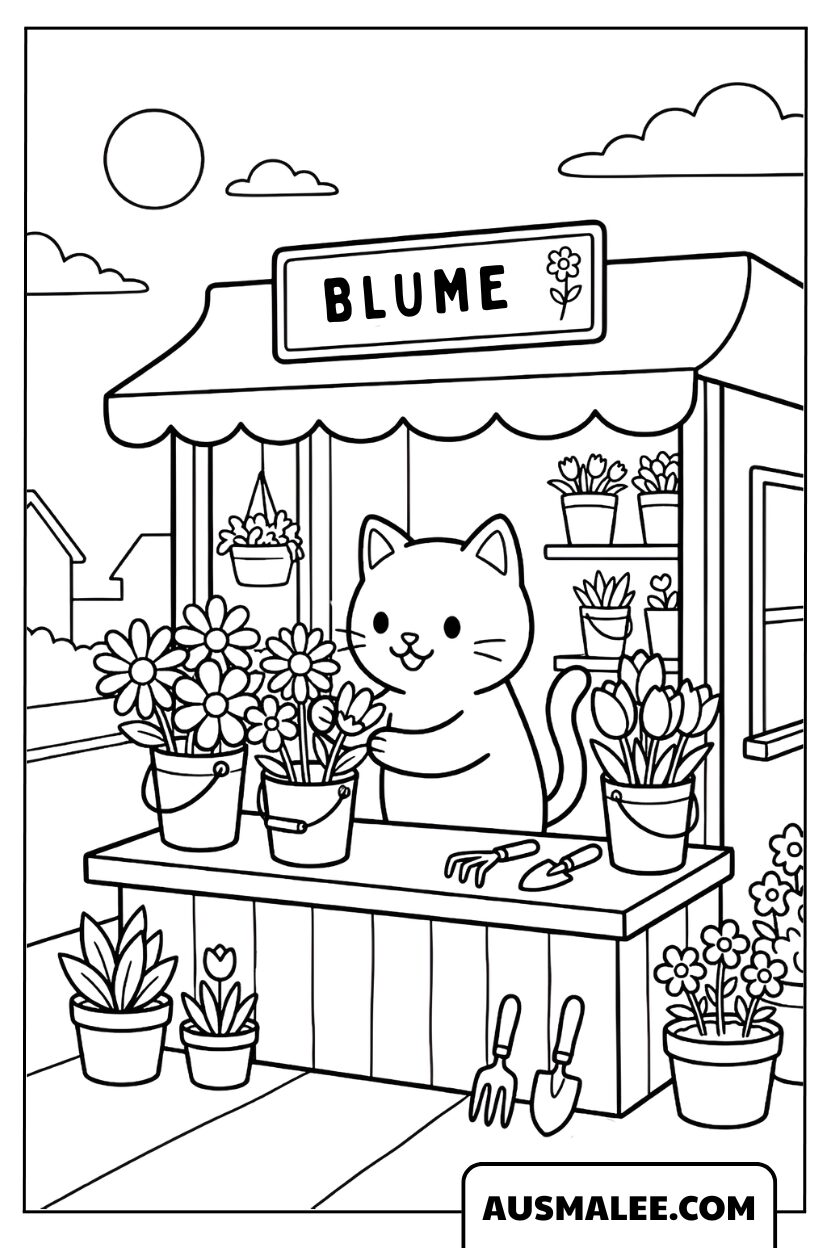 Chat fleuriste dans la boutique Fleur Coloriage