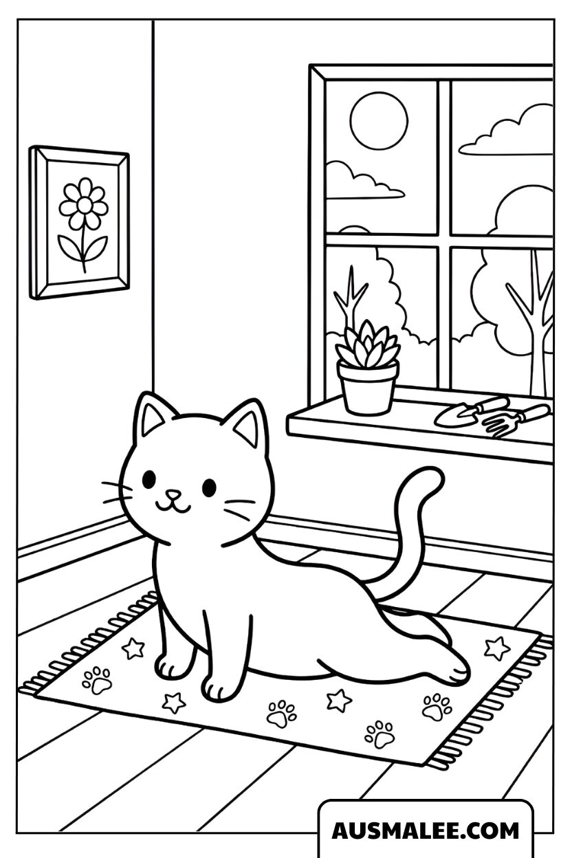 Chat faisant du yoga dans un salon confortable Coloriage