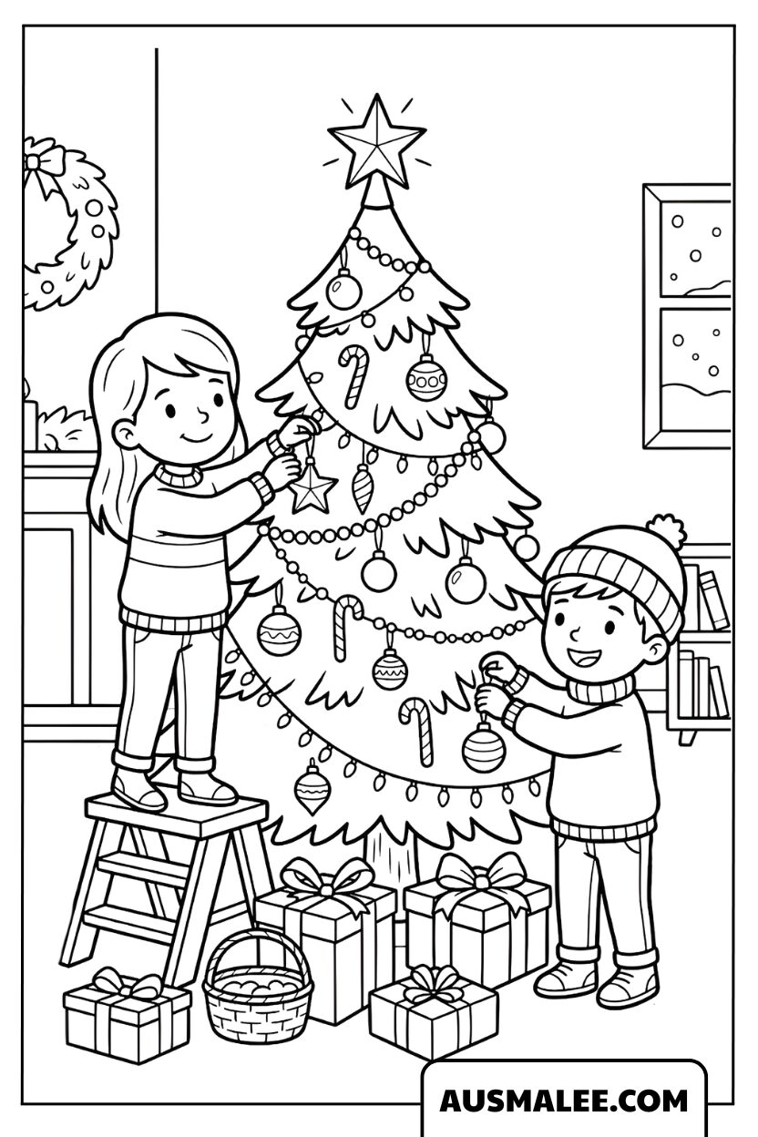 Enfants décorant le sapin de Noël Coloriage Noël