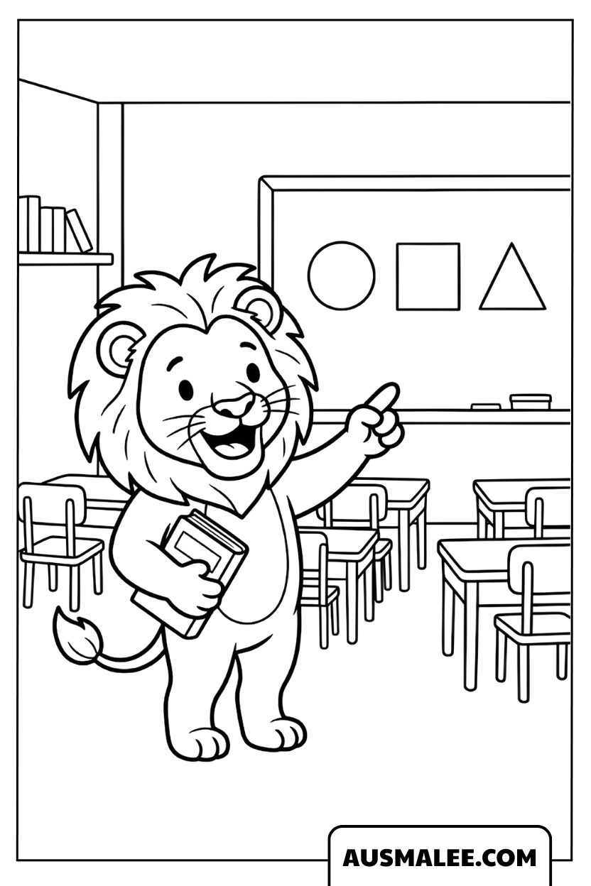 Lion coloring page as a teacher in the classroom