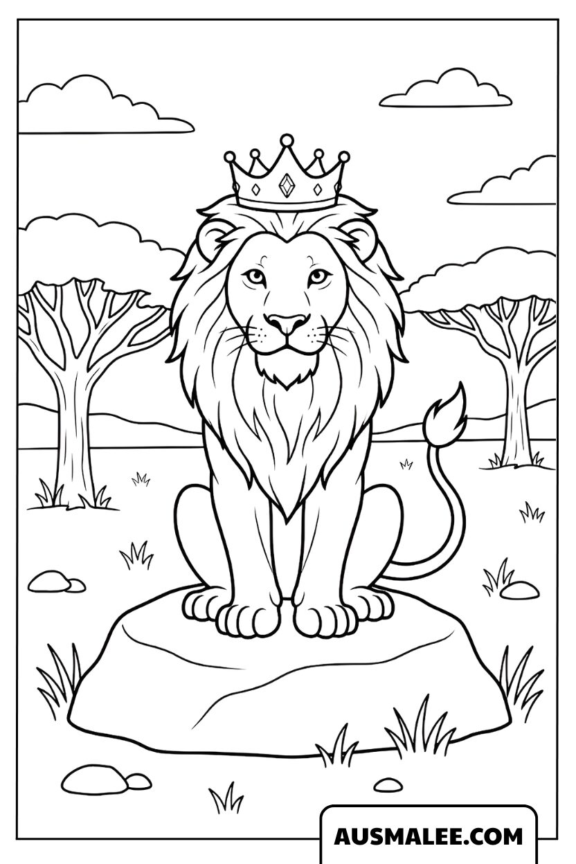 Majestic lion with a crown on a rock lion coloring page