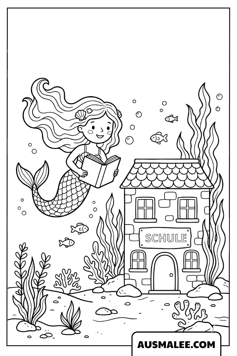 Zeemeermin leest een boek voor de onderwaterschool Kleurplaat