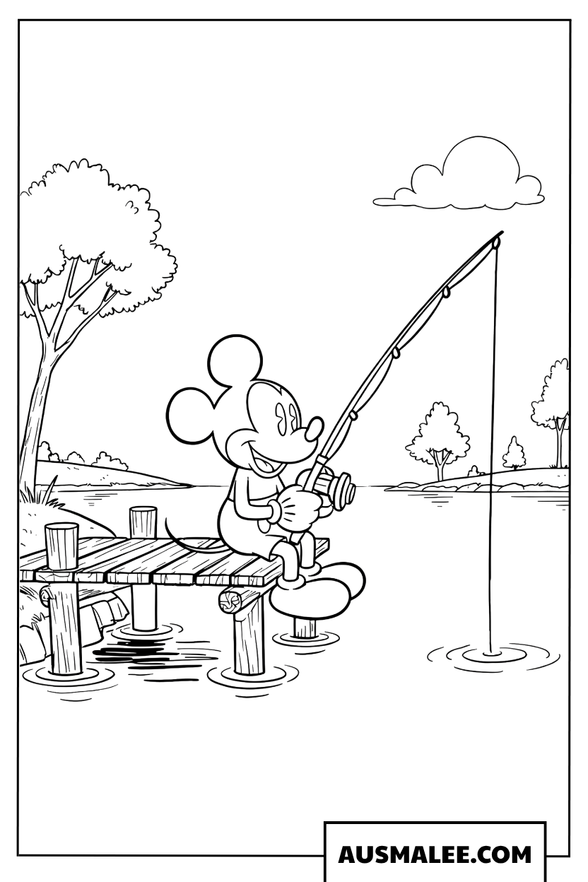 Mickey Mouse coloring pages patiently fishing by a calm lake