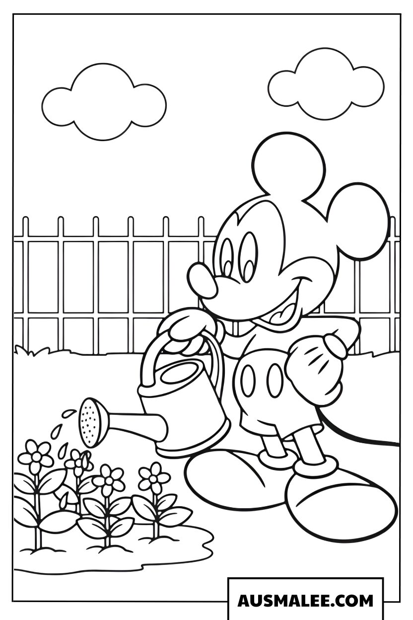 Mickey Mouse coloring pages watering flowers in his garden
