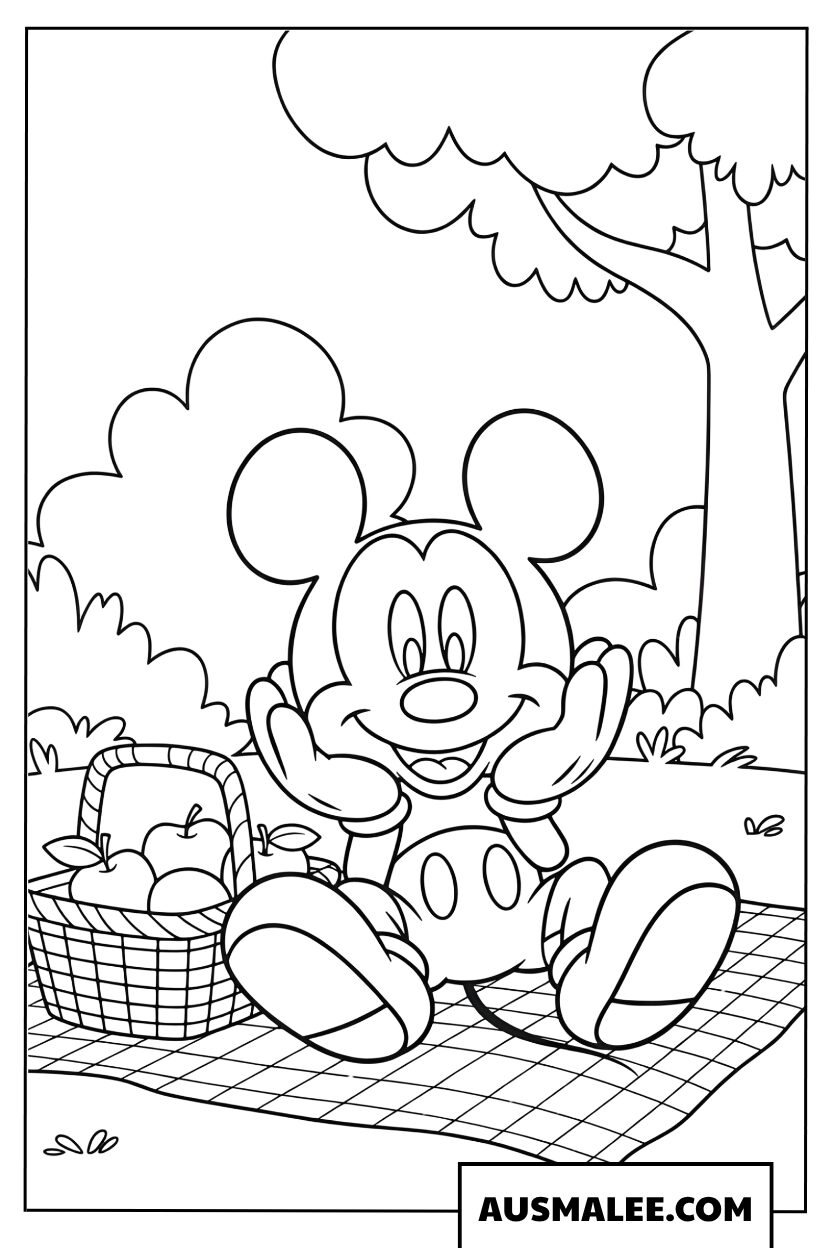 Mickey Mouse coloring pages having a cozy picnic in the park