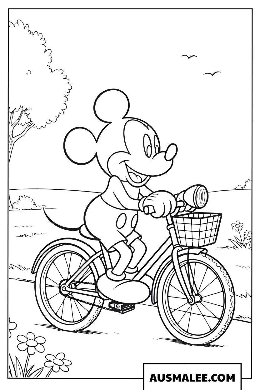 Mickey Mouse coloring pages enjoying a cheerful bike ride in nature