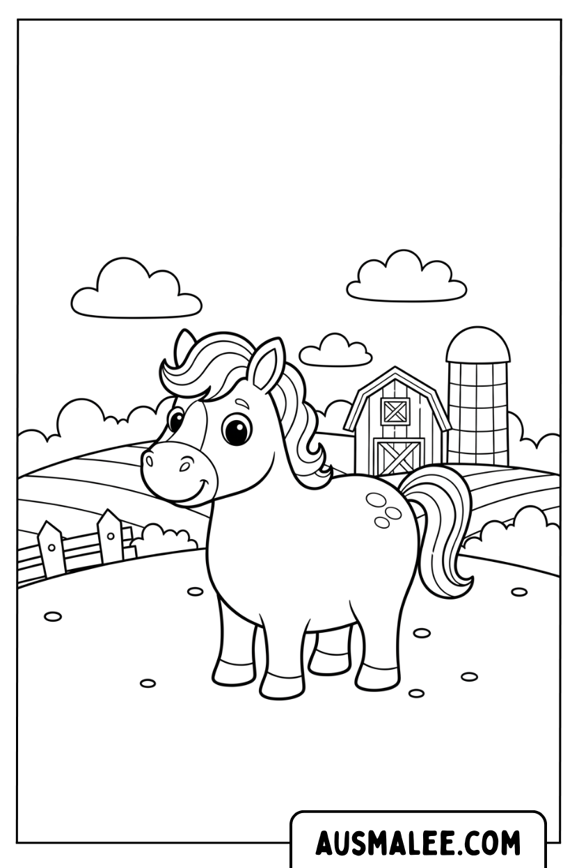 Leuk cartoonpaard op de boerderij.