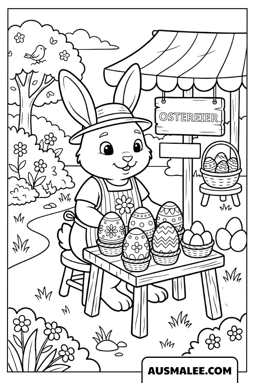 Lapin de Pâques au stand de marché avec des œufs décorés coloriage