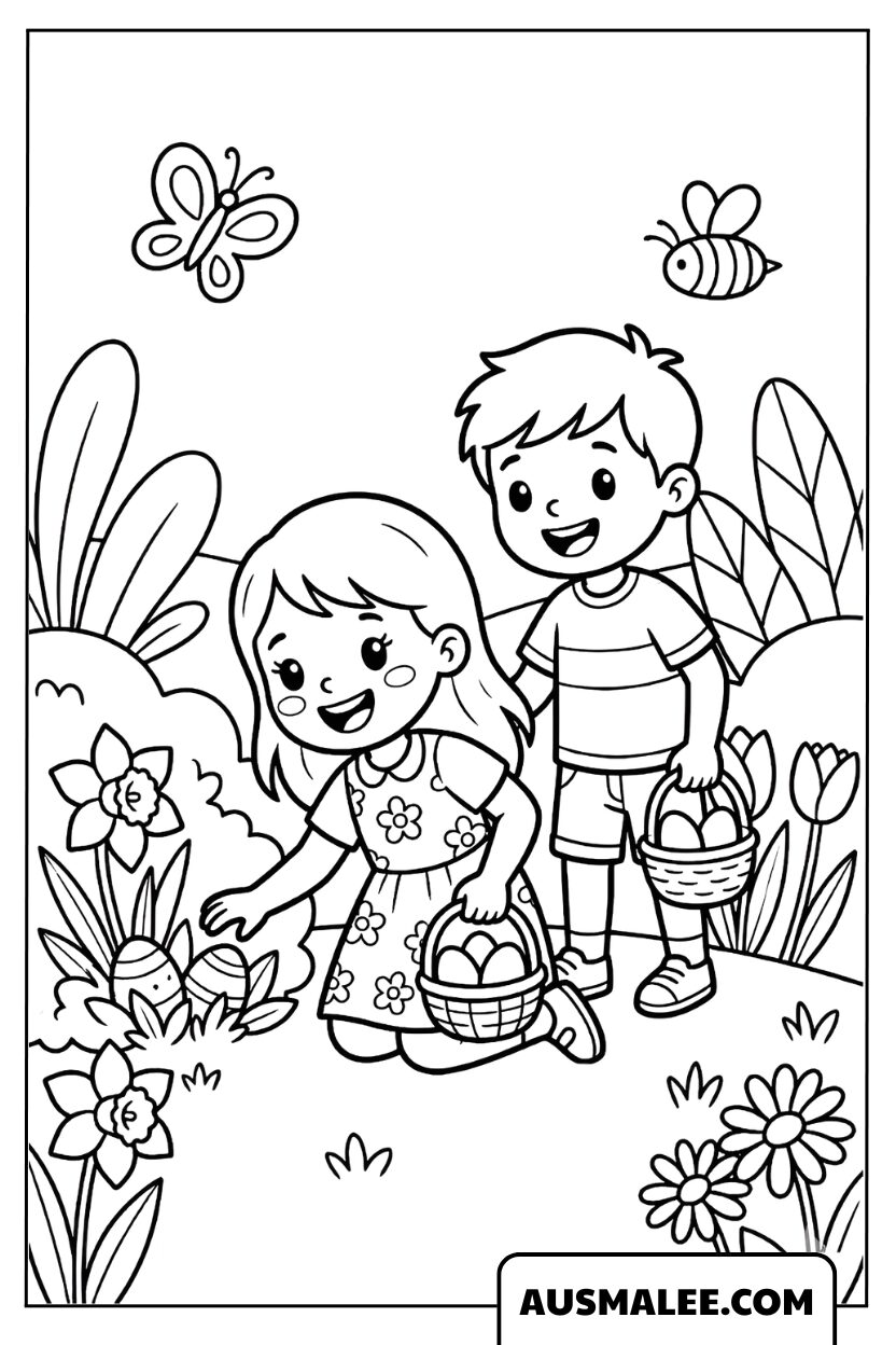 Coloriage Pâques avec des enfants cherchant des œufs dans le jardin