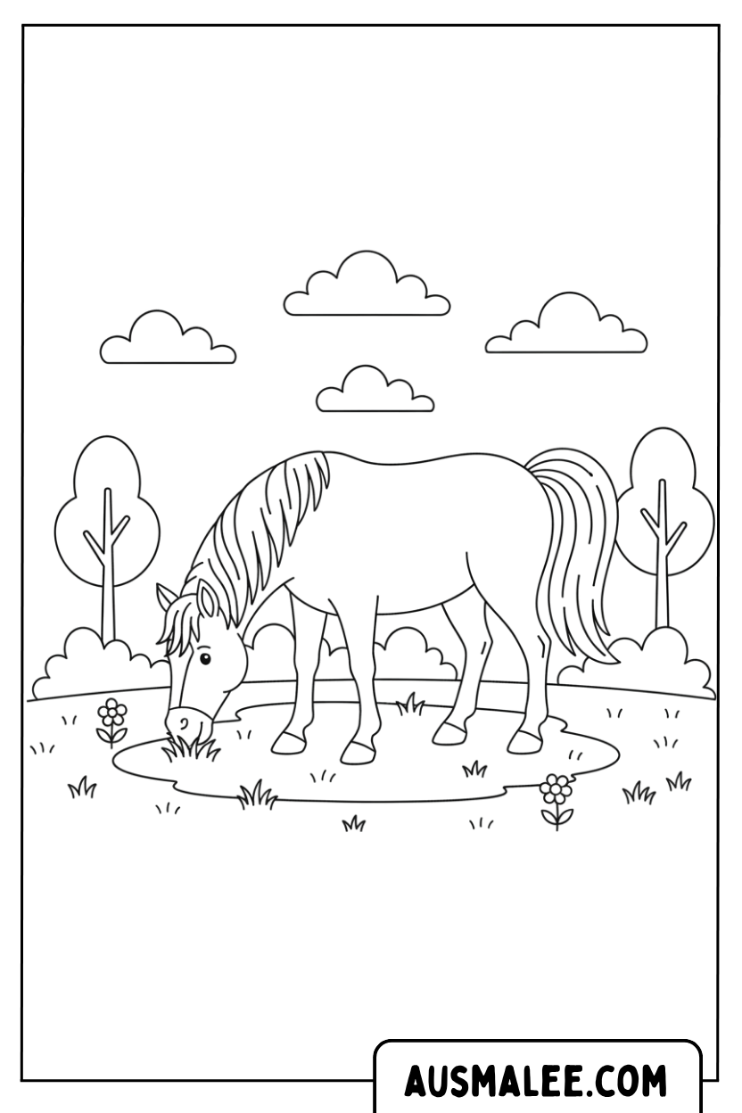 Paard eet gras in de wei.
