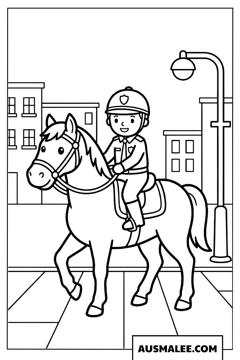 Paarden kleurplaten een politiepaard op patrouille in de stad