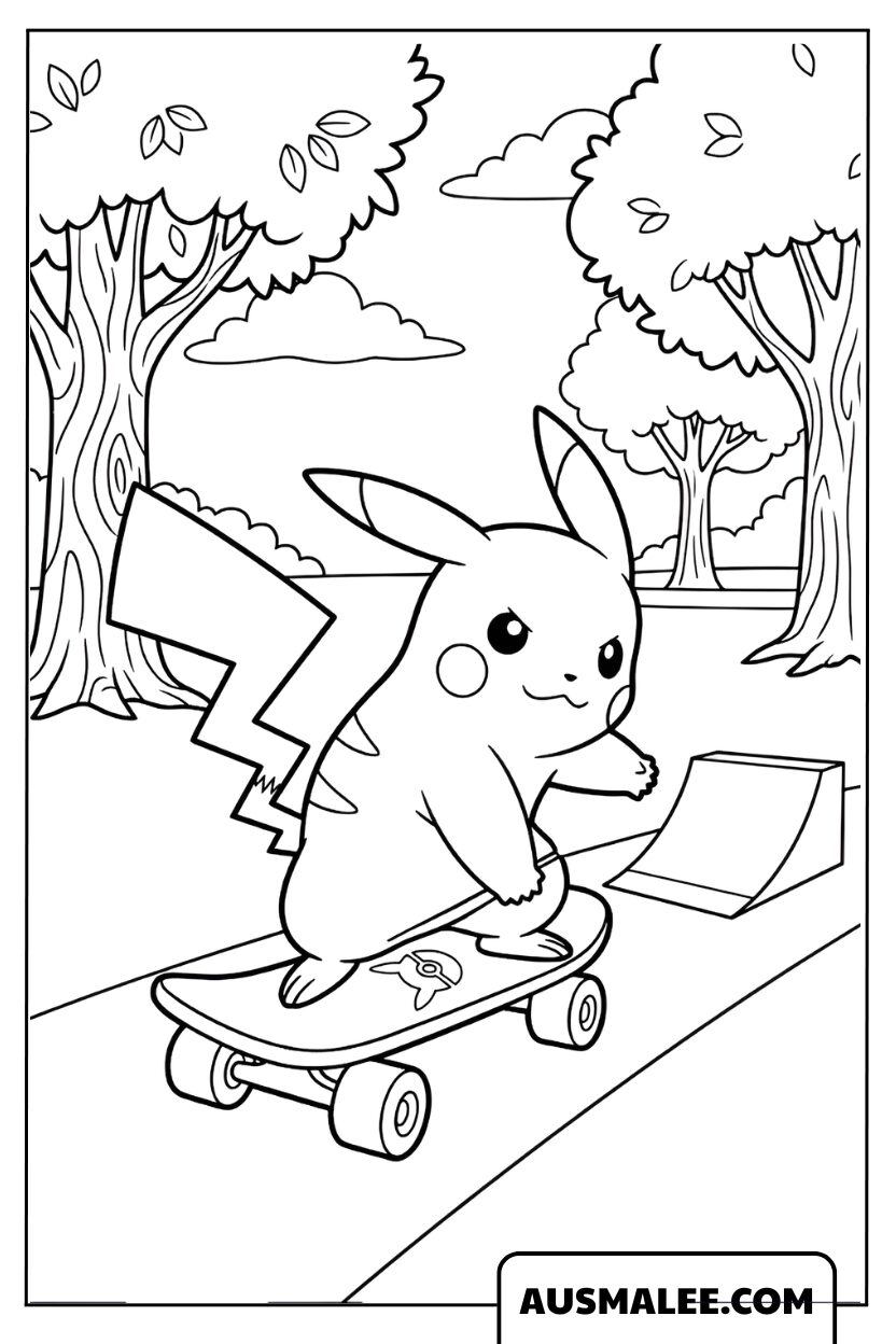Pikachu ausmalbild auf einem Skateboard