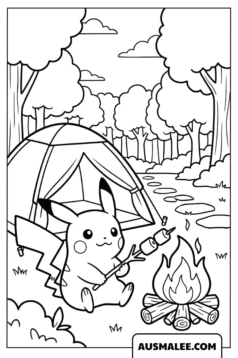 Pikachu ausmalbild beim Camping am Lagerfeuer