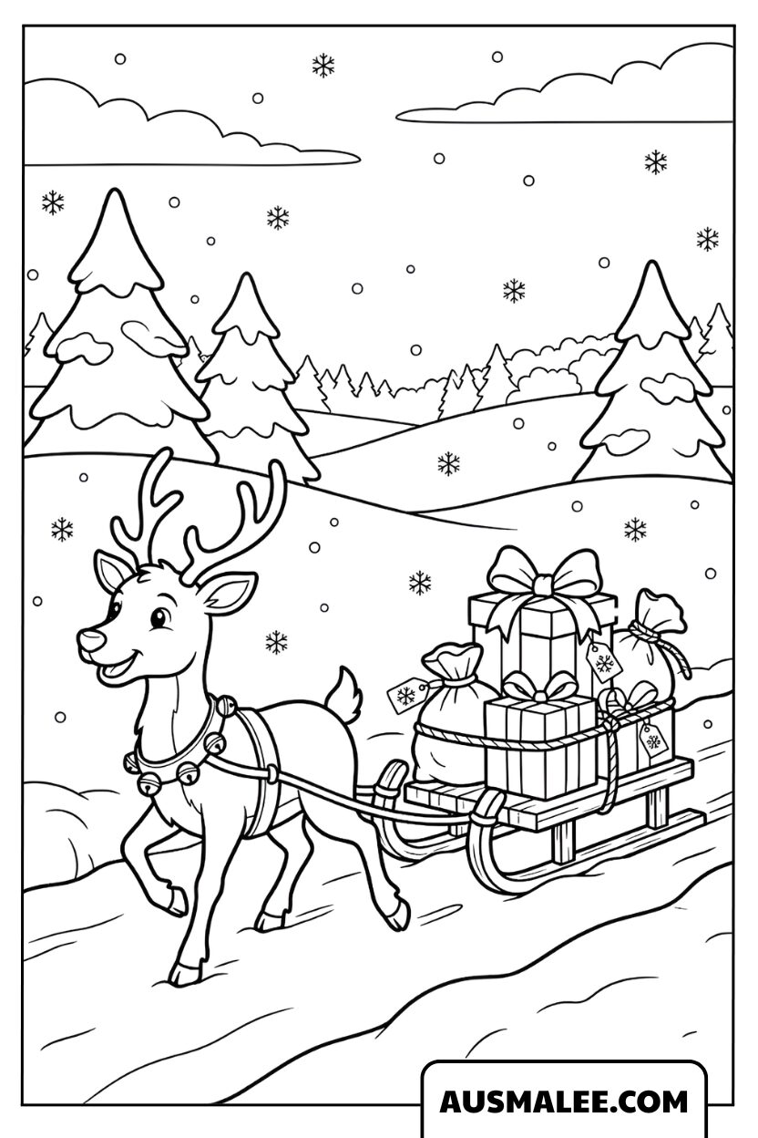 Renne tirant un traîneau rempli de cadeaux Coloriage Noël