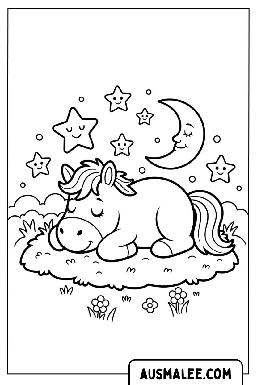 Cartoon paard slapen onder de maan en de sterren.