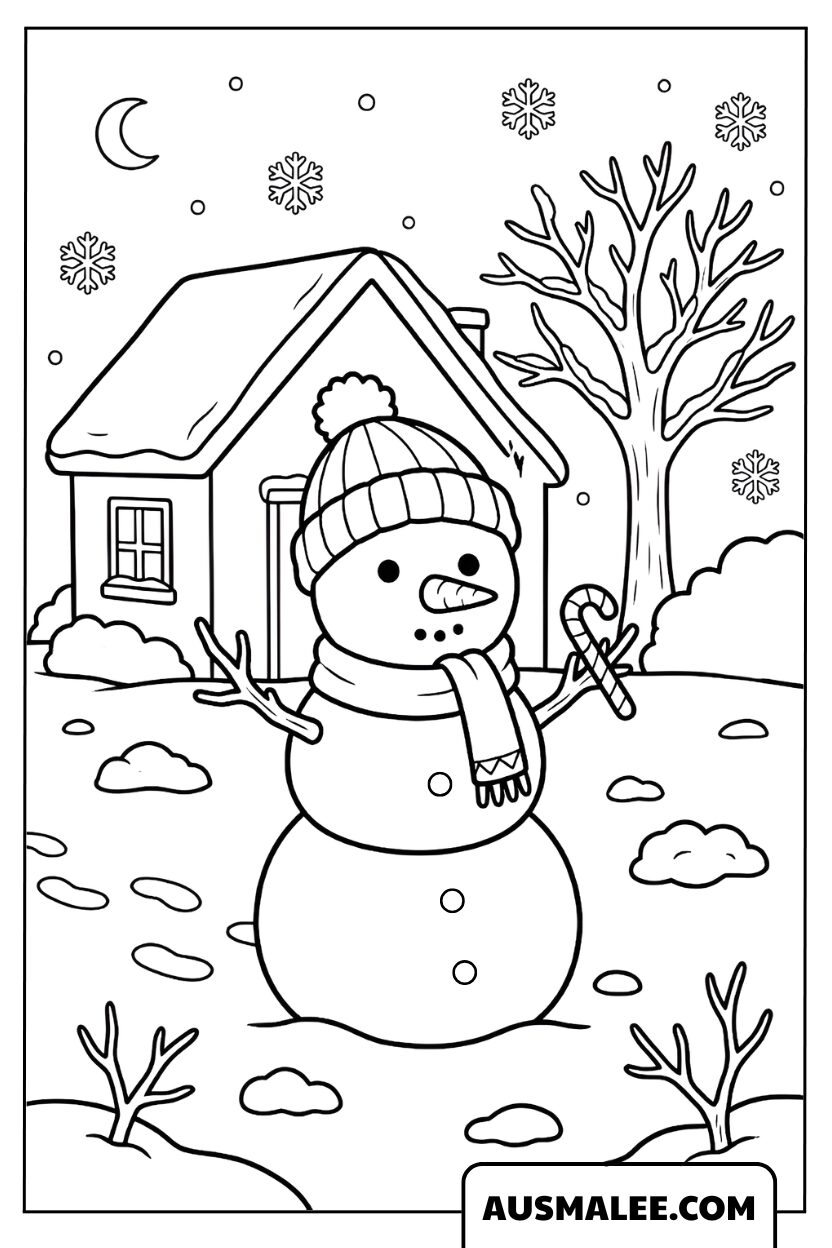 Bonhomme de neige devant une maison enneigée Coloriage Noël