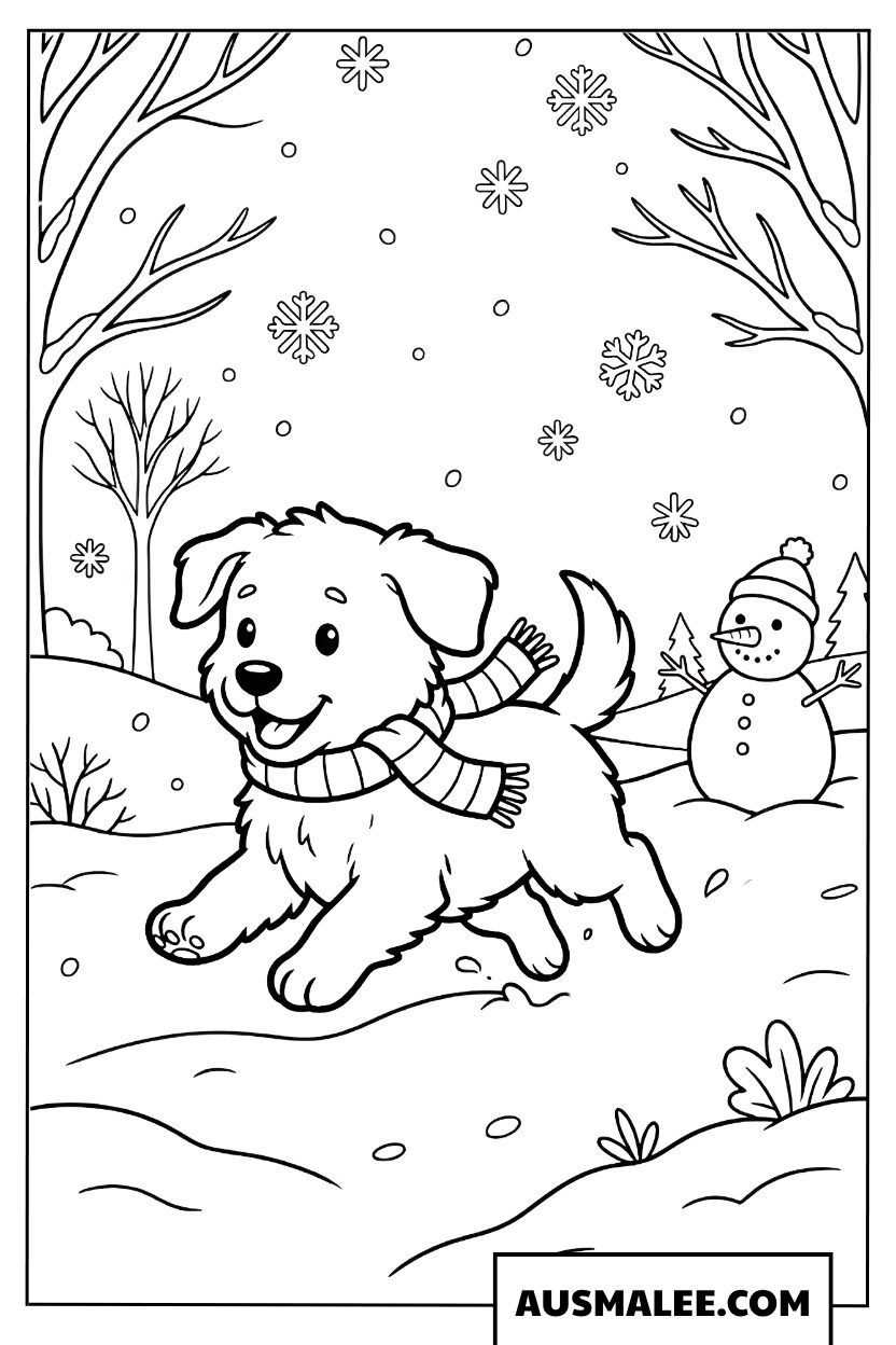 Kleurplaten speelse puppy met sjaal in de besneeuwde winter