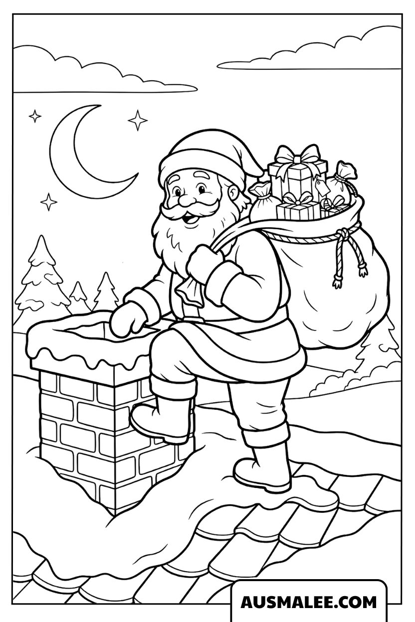 Père Noël monte dans la cheminée Coloriage