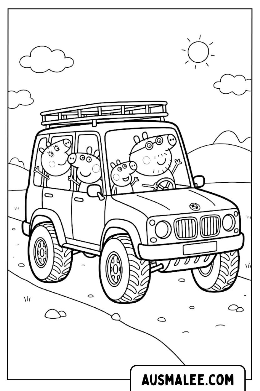 BMW Peppa Pig familie kleurplaat