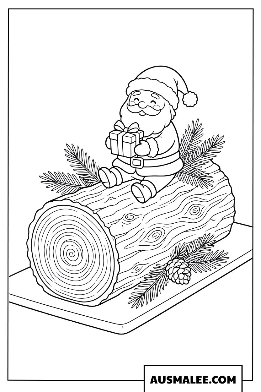 Coloriage bûche de Noël avec Père Noël