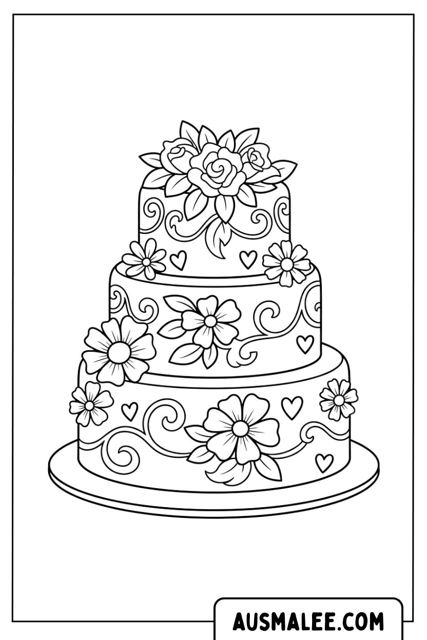 Coloriage gâteau aux fleurs à trois étages