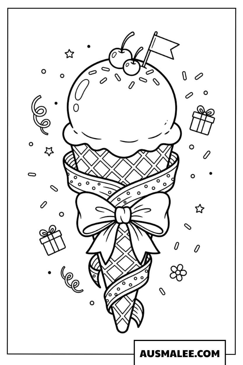 Kleurplaat IJs ijsje met sprinkles en cadeautjes