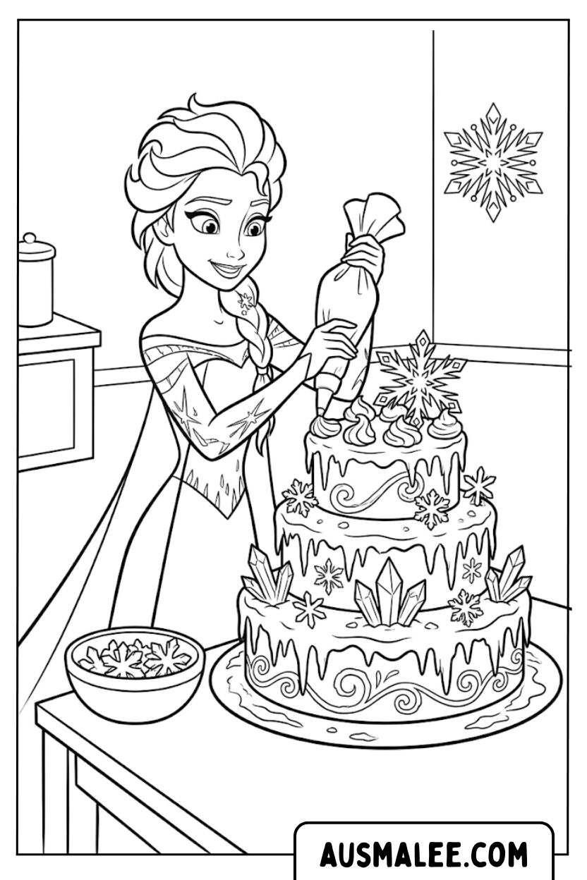 Coloriage - Elsa prépare un gâteau