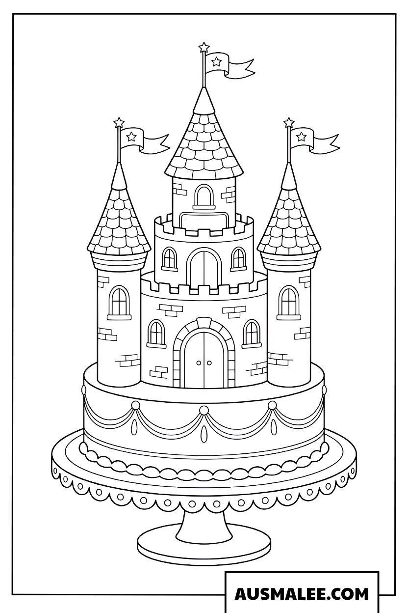 Coloriage gâteau d’anniversaire en forme de château