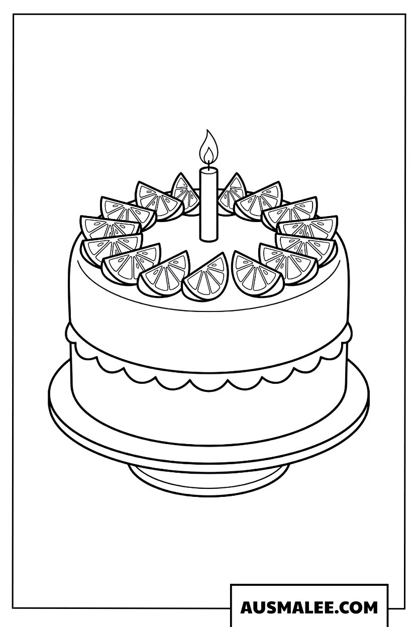 Coloriage gâteau avec une bougie et des fruits