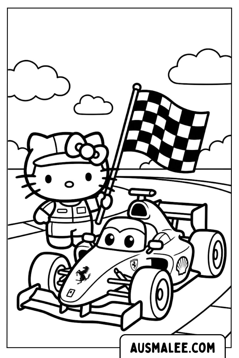 Coloriage - Course Ferrari Hello Kitty