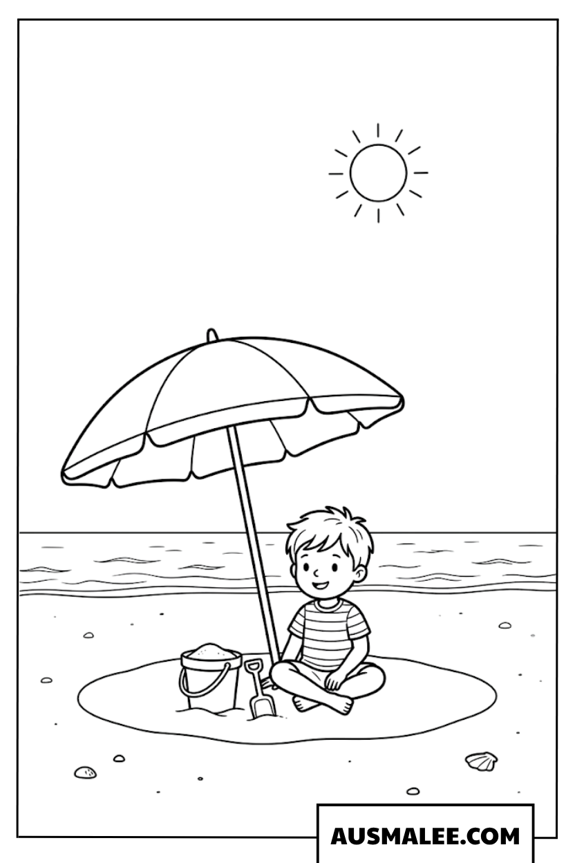 Kleurplaat Zomer jongen zit onder een parasol op het strand