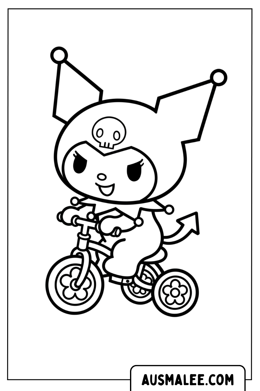 Coloring page Kuromi rides a tricycle